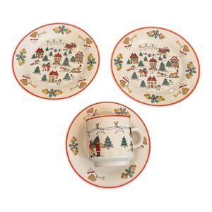 Jamestown China 1987 Joy of Christmas Holiday Snack Set Mug Saucer 2 Plates VTG